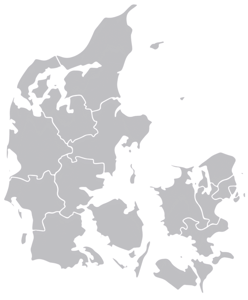 Danmarkskort, illustrerer at LilleRum udbyder ammevejledning og ammeforberedelse i Holbæk, Roskilde, Kalundborg, mm. Særligt Vestsjælland.